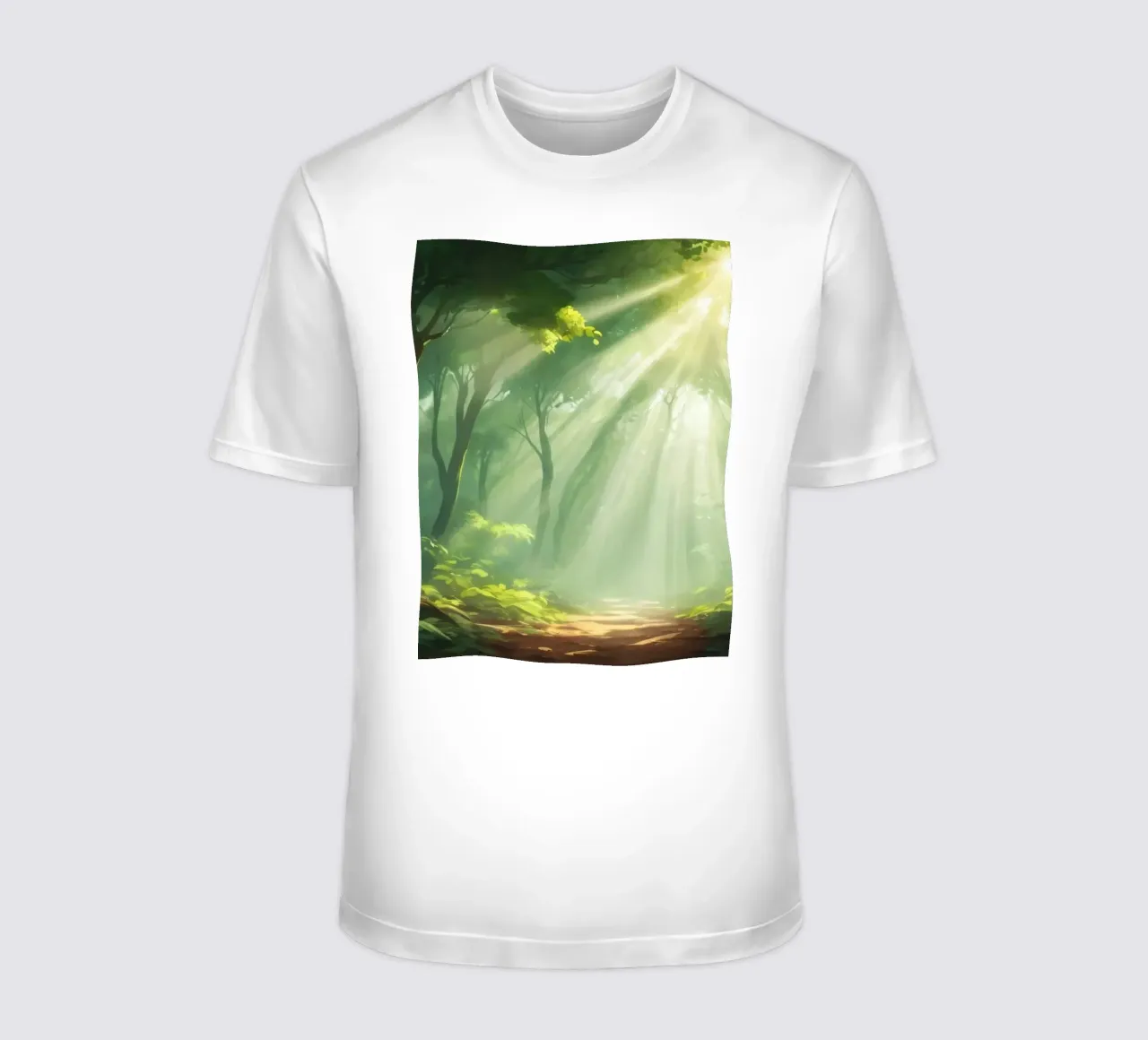Sunlight filters through a lush forest creating a serene t-shirt by DesignDoodle