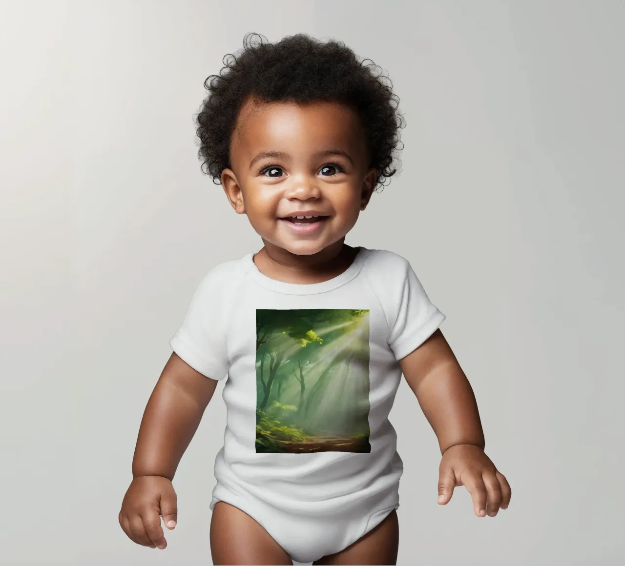 Sunlight filters through a lush forest creating a serene short-sleeve baby romper by DesignDoodle