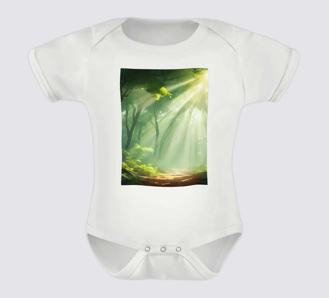 Sunlight filters through a lush forest creating a serene short-sleeve baby romper by DesignDoodle
