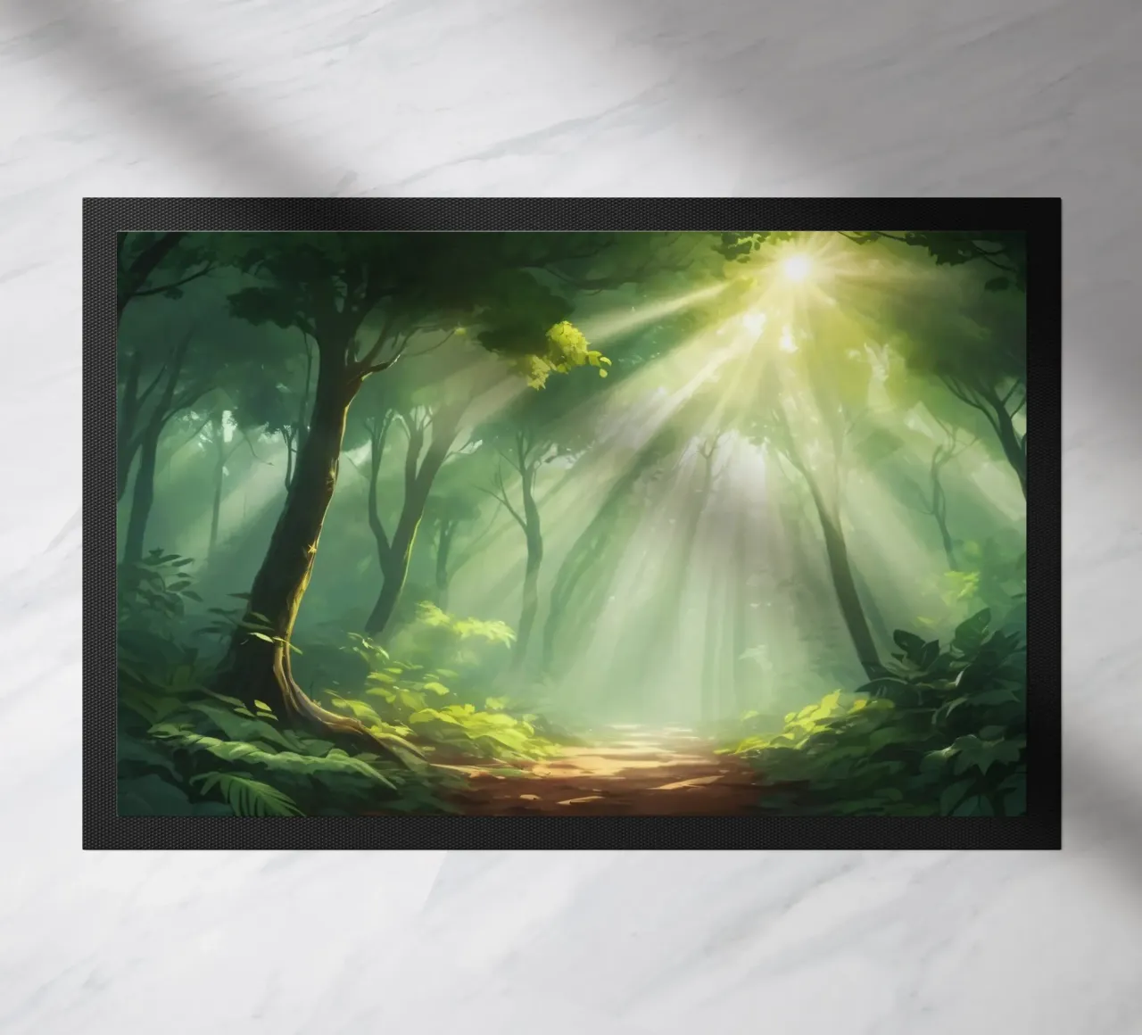 Sunlight filters through a lush forest creating a serene doormat by DesignDoodle