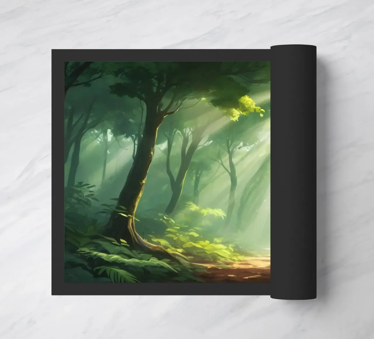 Sunlight filters through a lush forest creating a serene doormat by DesignDoodle