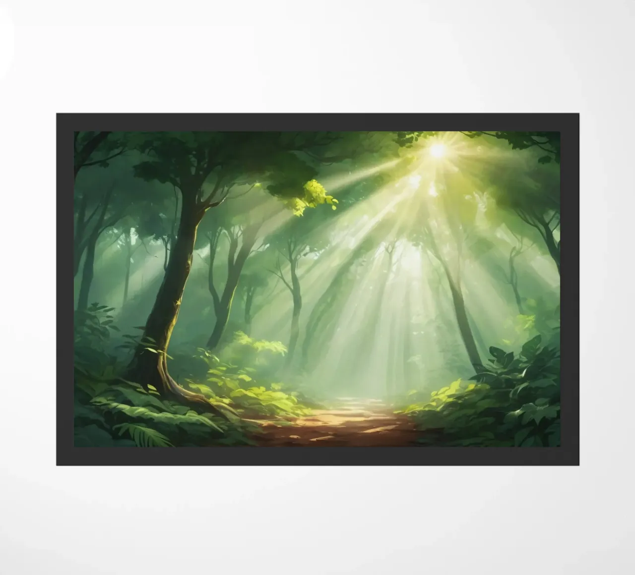 Sunlight filters through a lush forest creating a serene doormat by DesignDoodle
