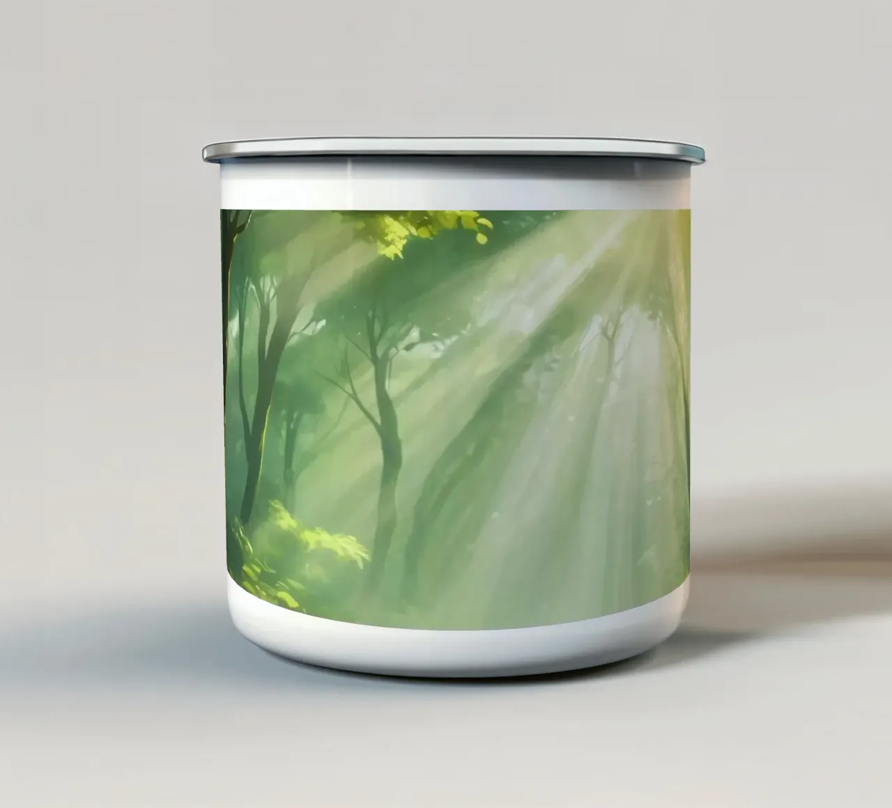 Sunlight filters through a lush forest creating a serene enamel mug by DesignDoodle