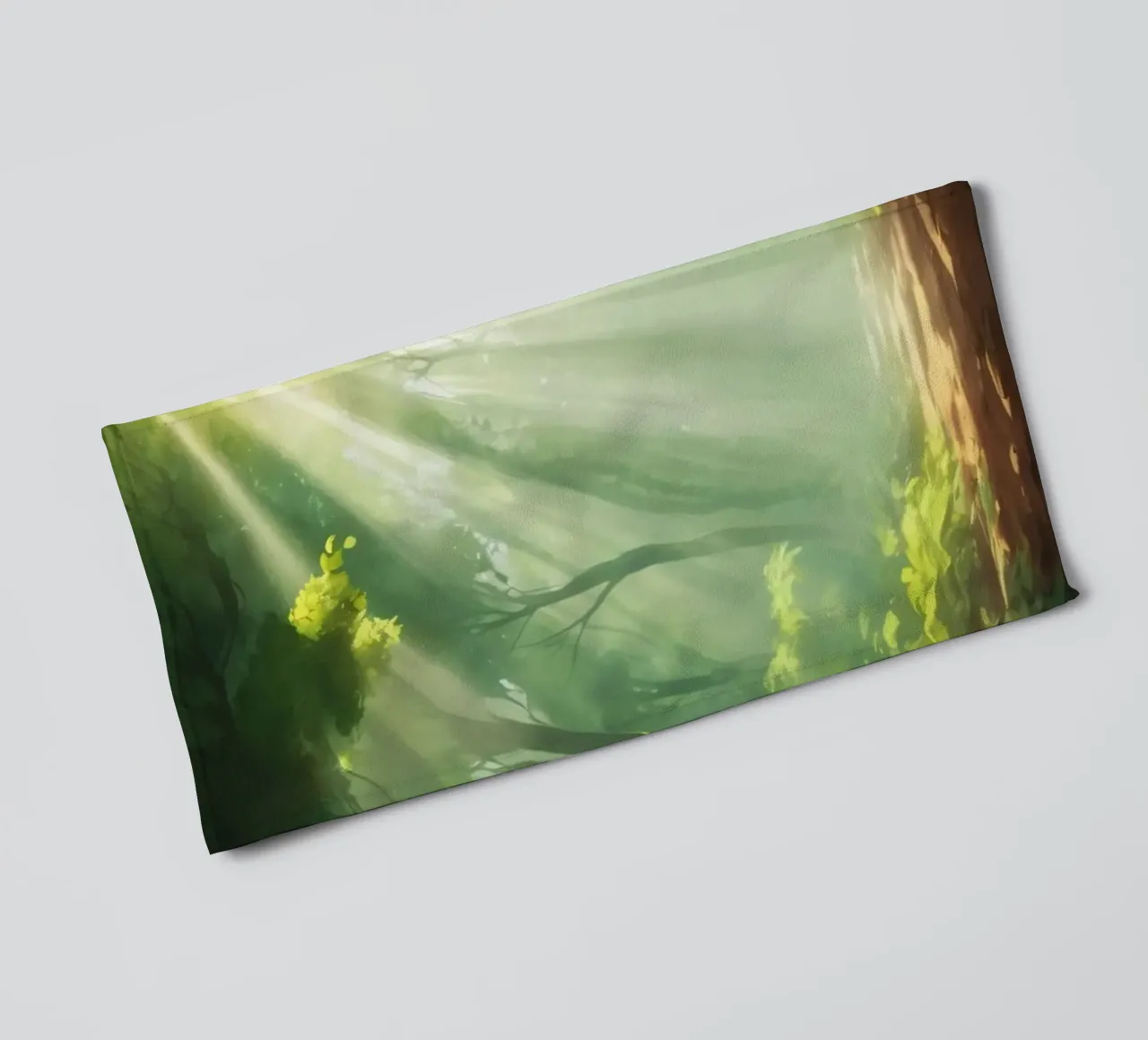Sunlight filters through a lush forest creating a serene towel by DesignDoodle