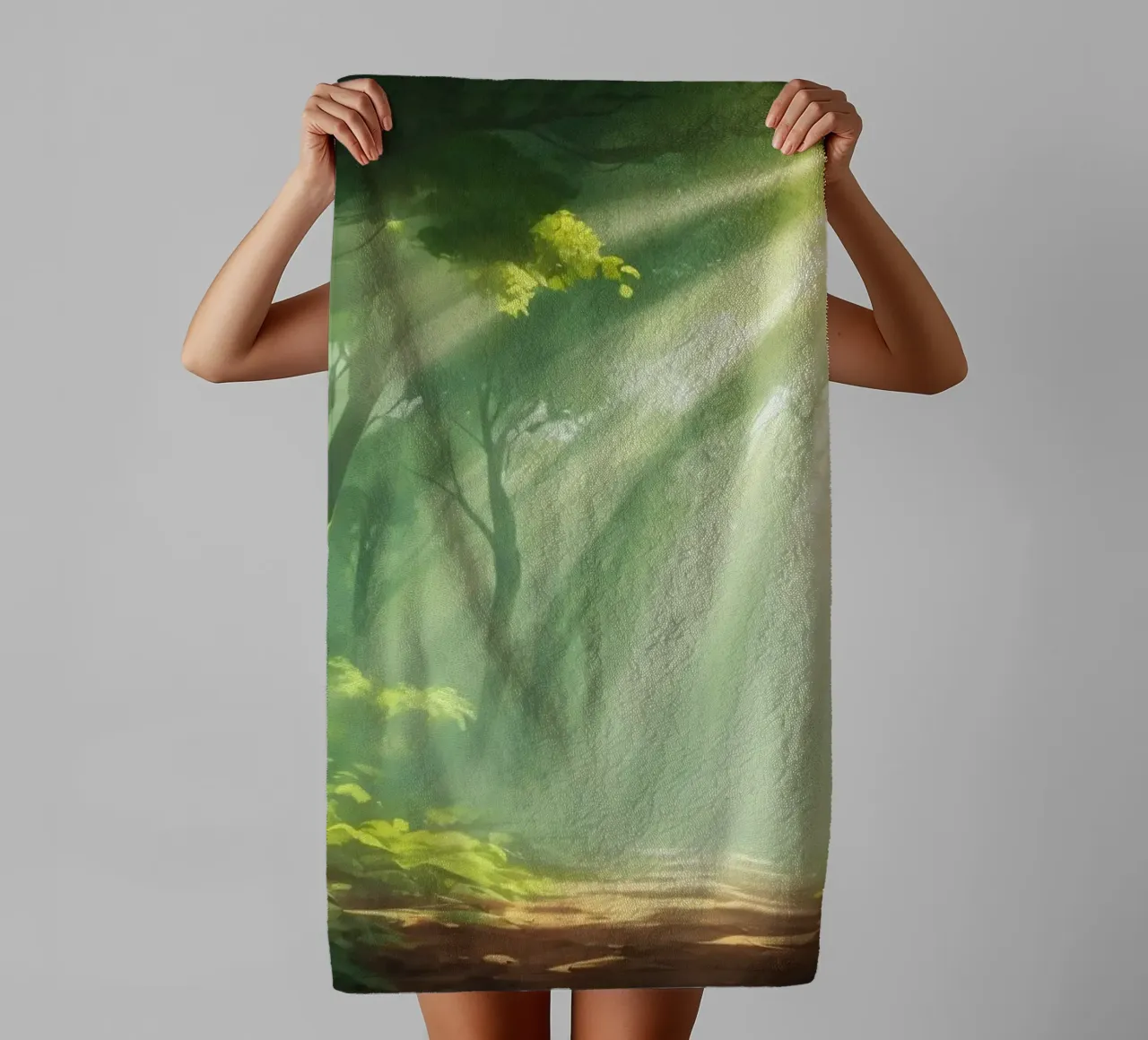Sunlight filters through a lush forest creating a serene towel by DesignDoodle