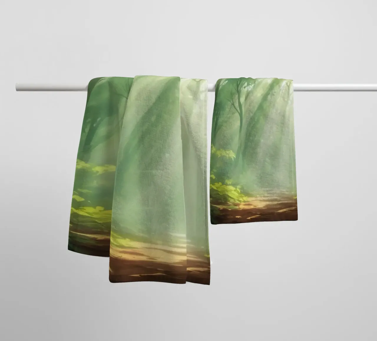 Sunlight filters through a lush forest creating a serene towel by DesignDoodle
