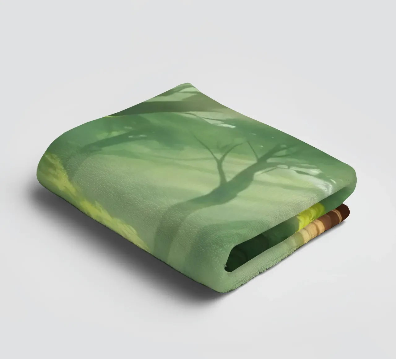 Sunlight filters through a lush forest creating a serene towel by DesignDoodle