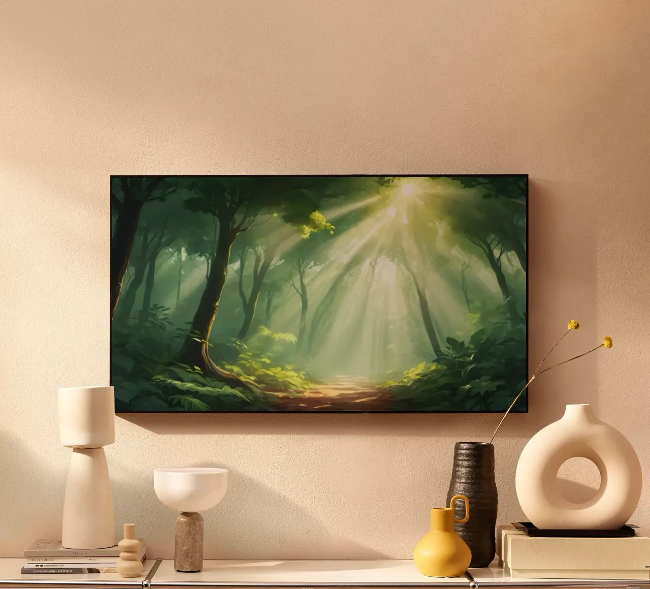 Sunlight filters through a lush forest creating a serene alu-dibond by DesignDoodle