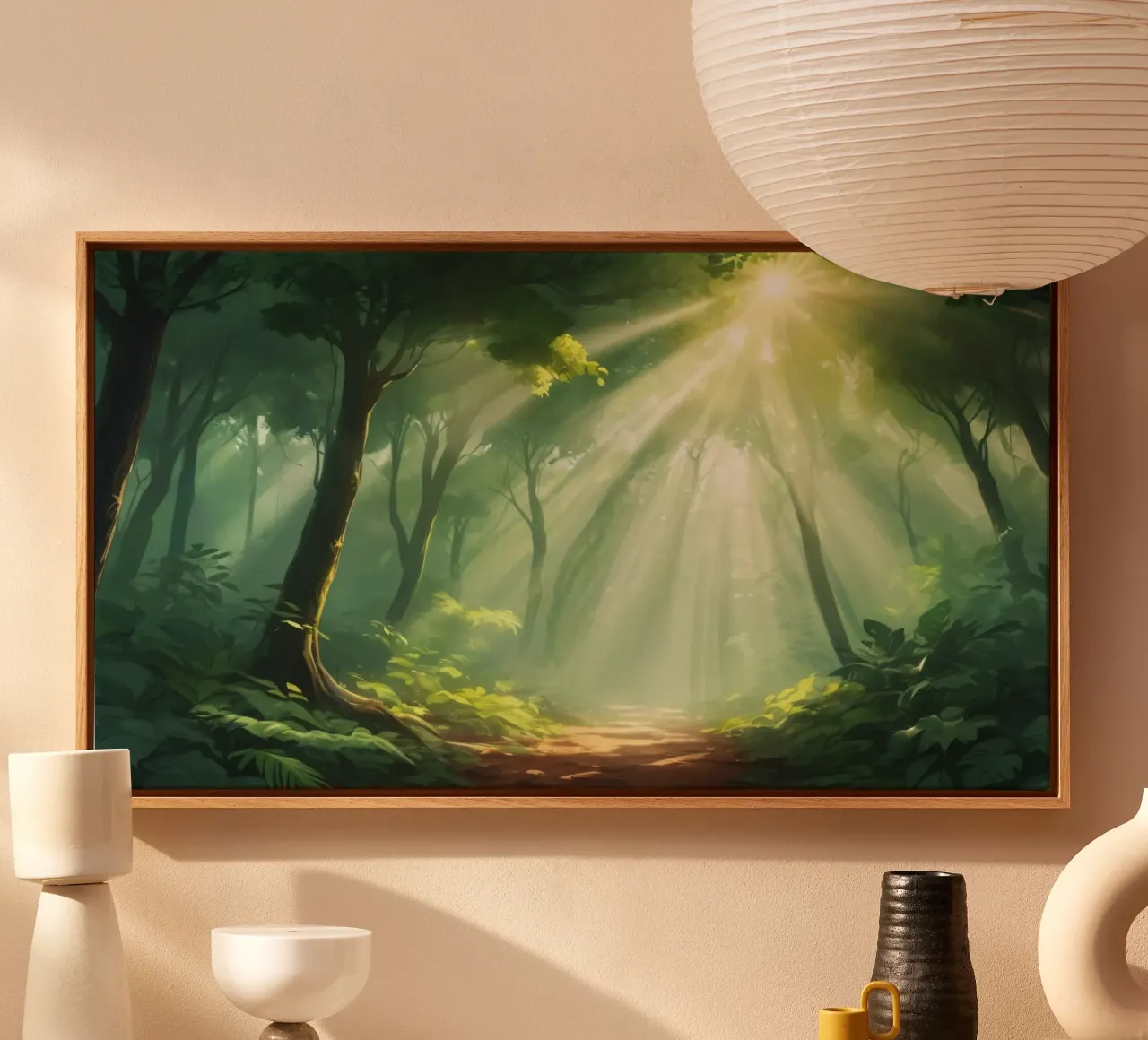 Sunlight filters through a lush forest creating a serene canvas by DesignDoodle