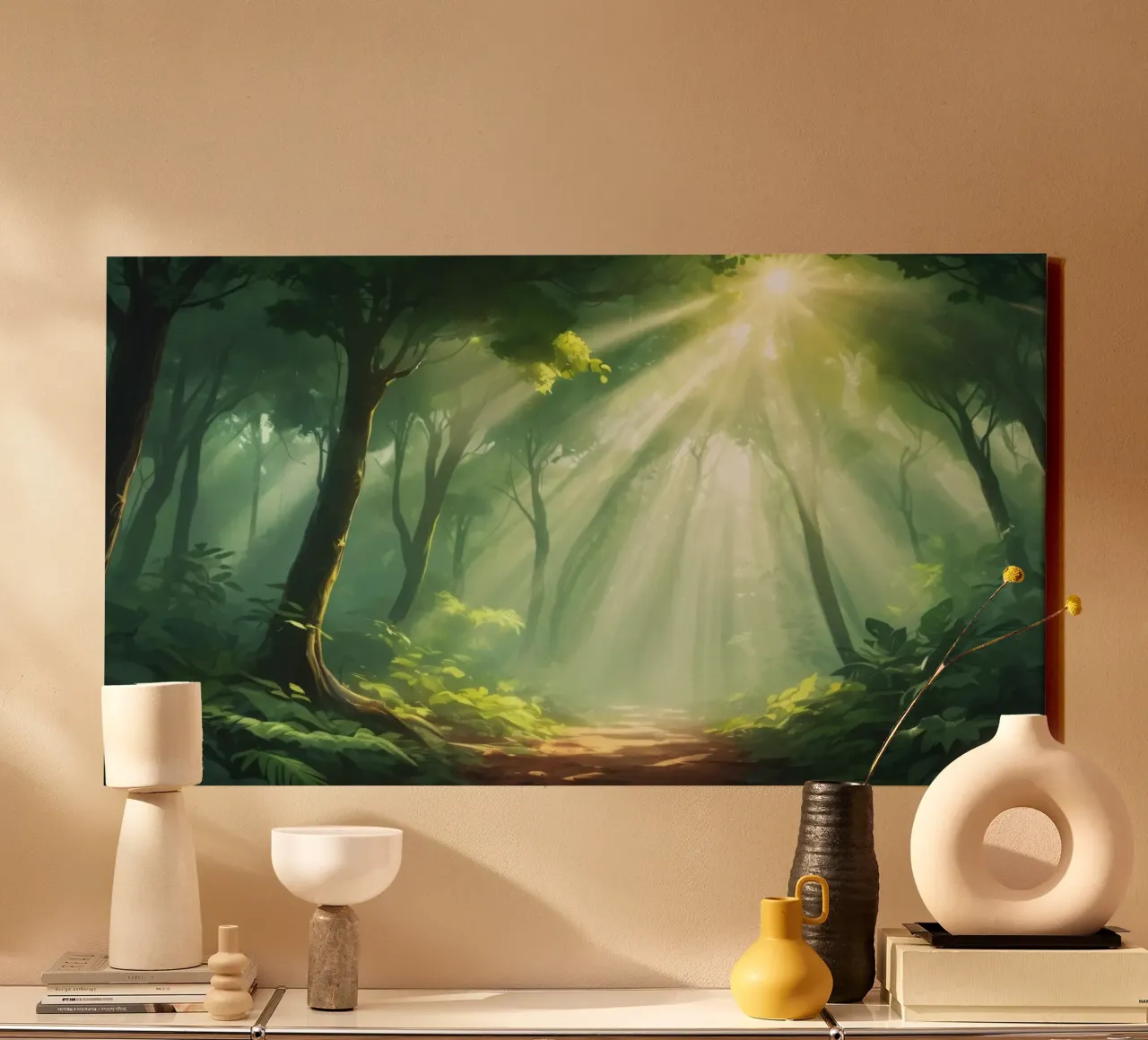 Sunlight filters through a lush forest creating a serene canvas by DesignDoodle