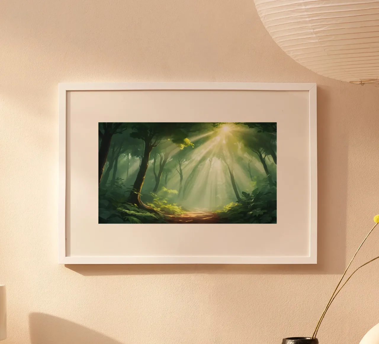 La luce del sole filtra attraverso una foresta lussureggiante creando un'atmosfera serena. poster da DesignDoodle