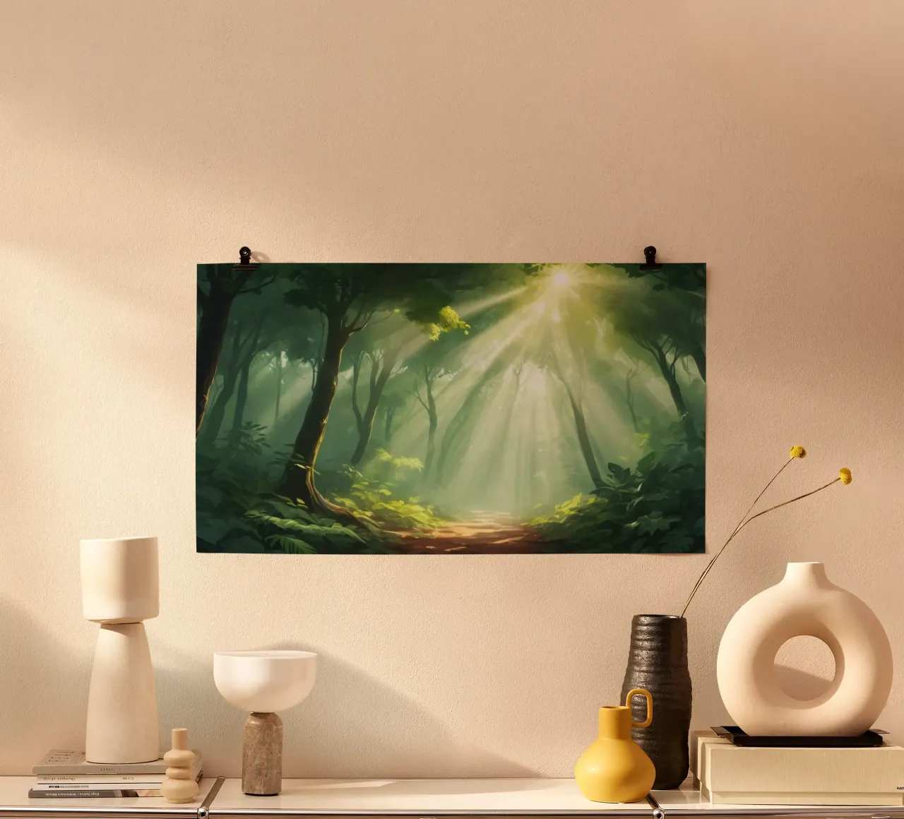 La luce del sole filtra attraverso una foresta lussureggiante creando un'atmosfera serena. poster da DesignDoodle