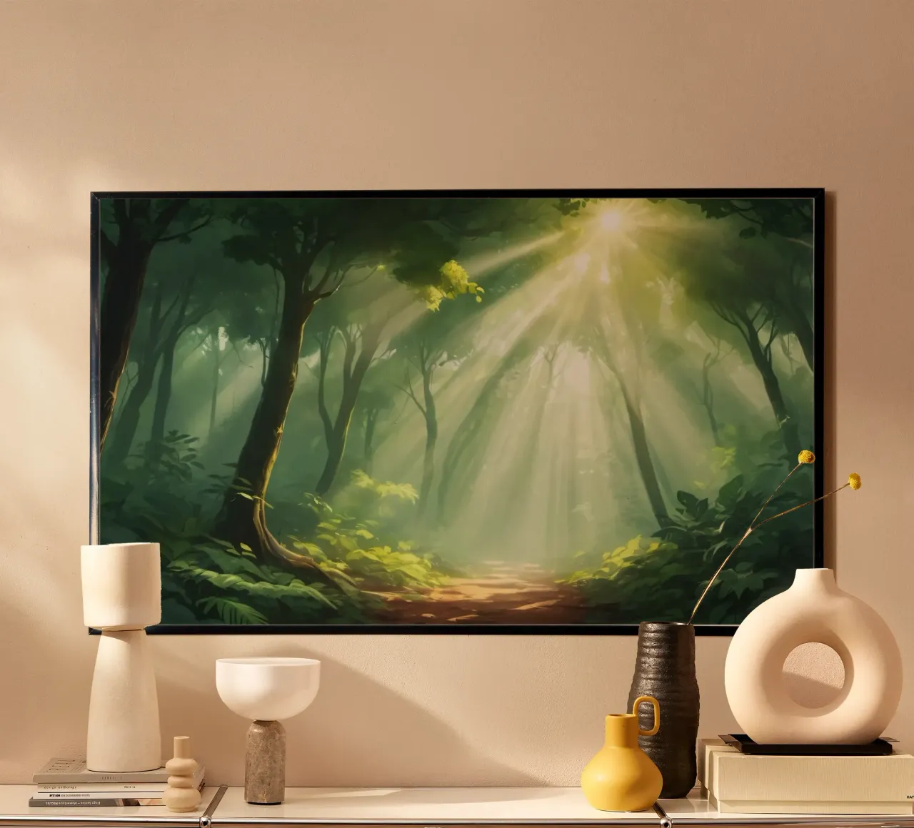 Sunlight filters through a lush forest creating a serene hahnemühle by DesignDoodle