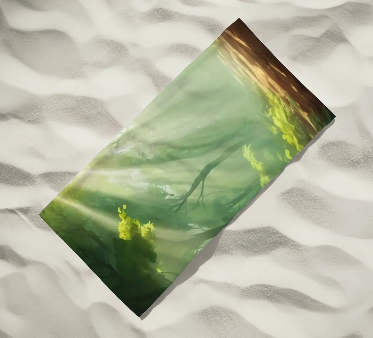 Sunlight filters through a lush forest creating a serene beach towel by DesignDoodle