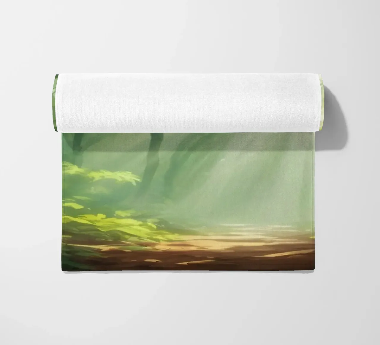 Sunlight filters through a lush forest creating a serene beach towel by DesignDoodle