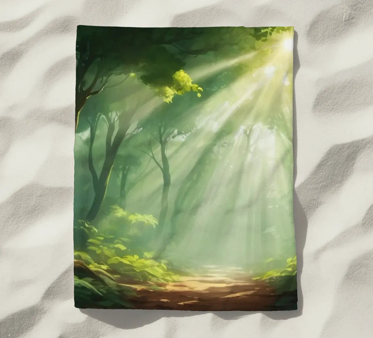 Sunlight filters through a lush forest creating a serene beach towel by DesignDoodle