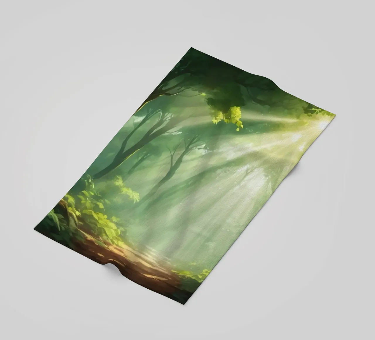 Sunlight filters through a lush forest creating a serene beach towel by DesignDoodle