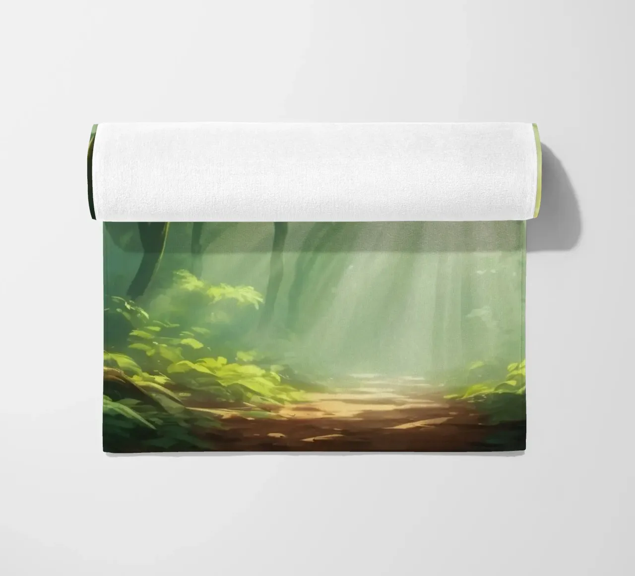 Sunlight filters through a lush forest creating a serene beach towel by DesignDoodle