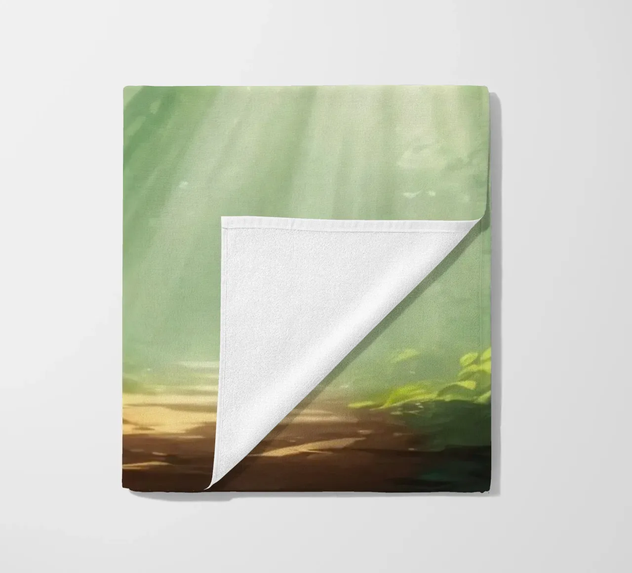 Sunlight filters through a lush forest creating a serene beach towel by DesignDoodle