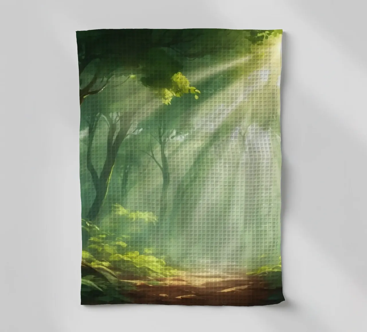Sunlight filters through a lush forest creating a serene tea towel by DesignDoodle