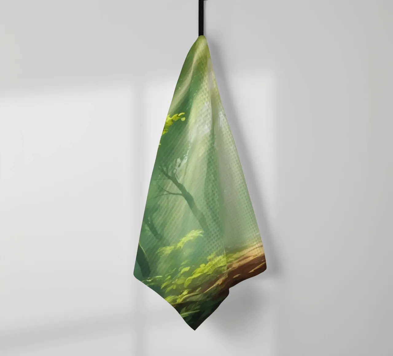 Sunlight filters through a lush forest creating a serene tea towel by DesignDoodle