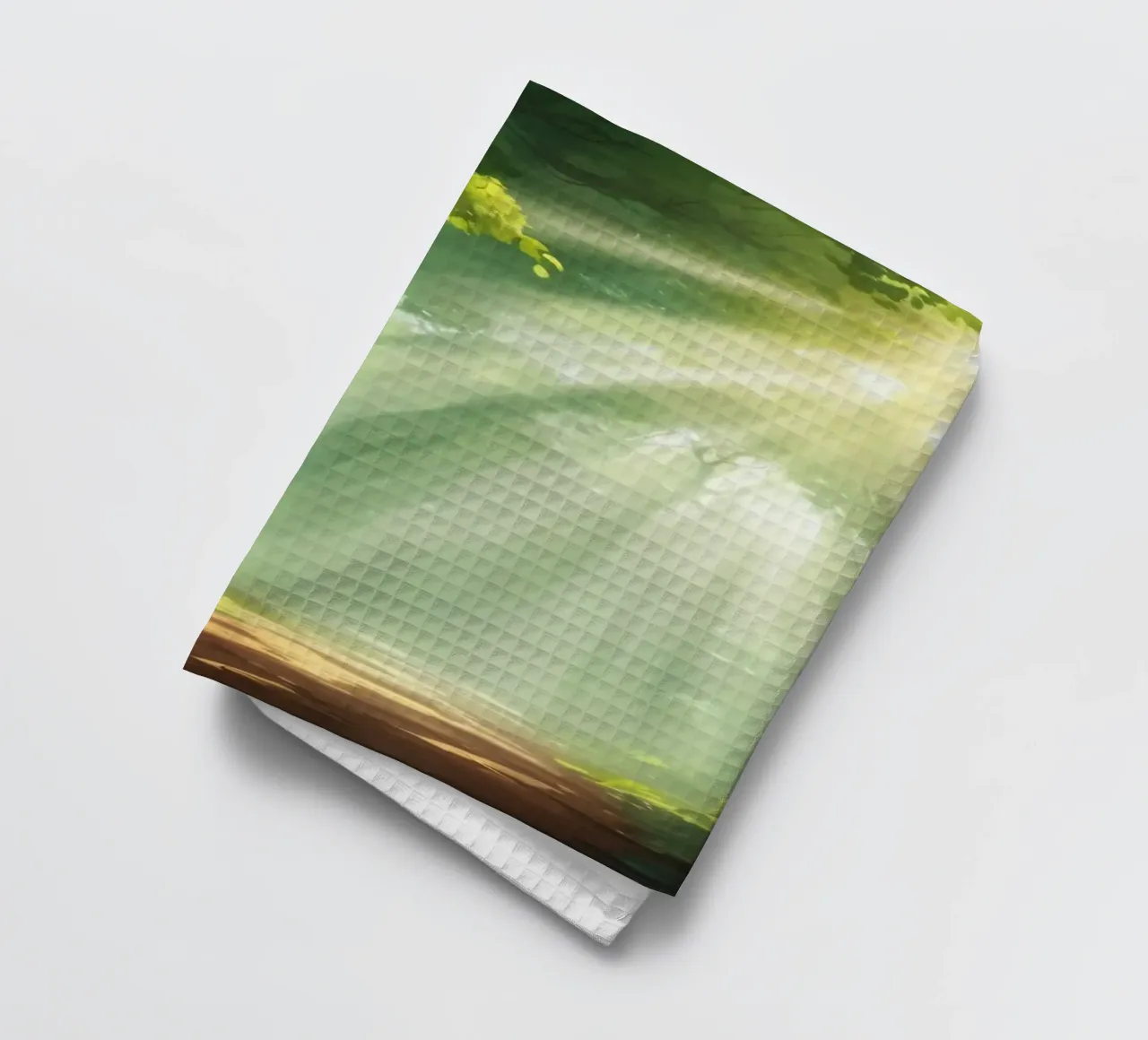 Sunlight filters through a lush forest creating a serene tea towel by DesignDoodle