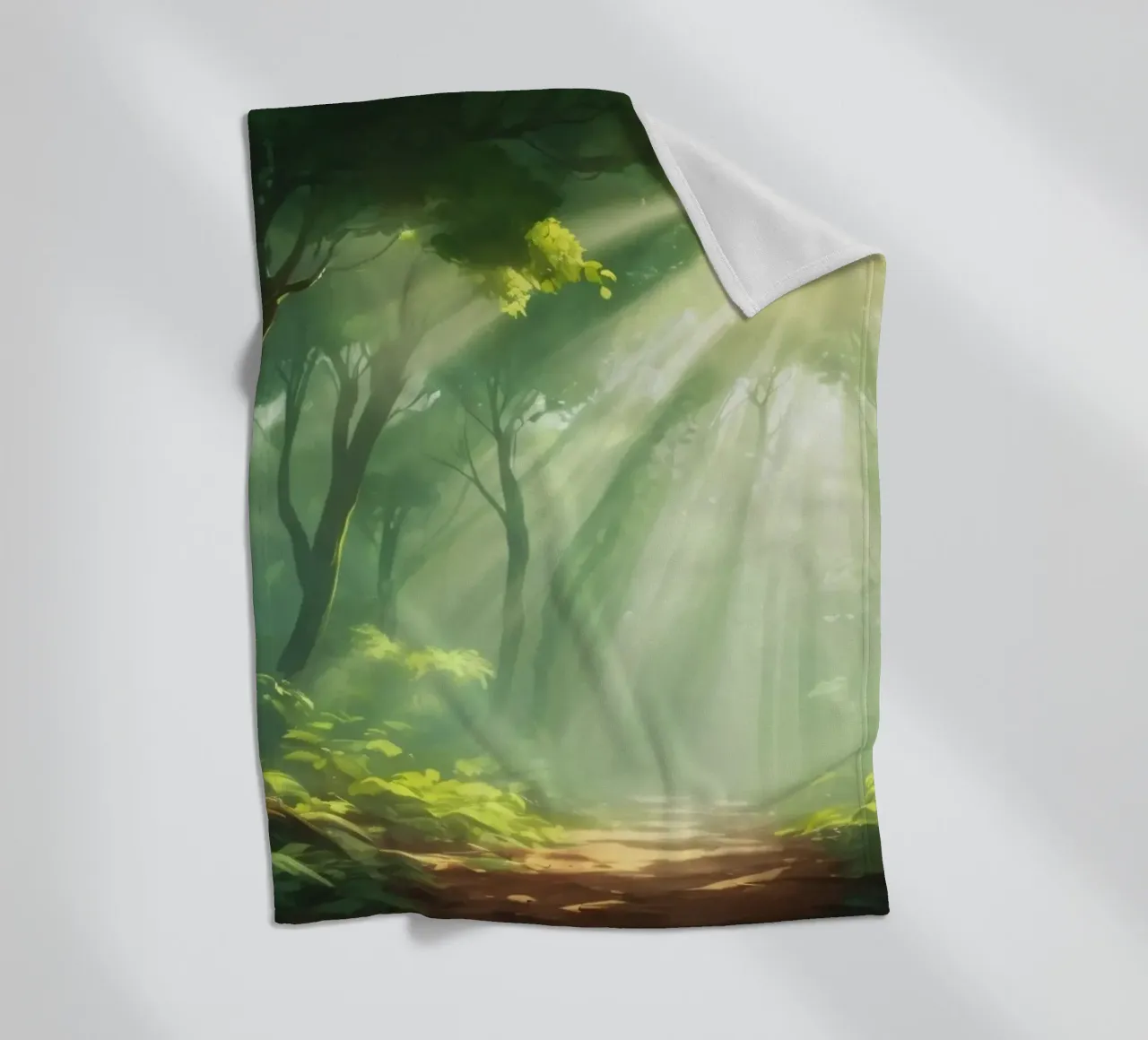 Sunlight filters through a lush forest creating a serene fleece blanket by DesignDoodle