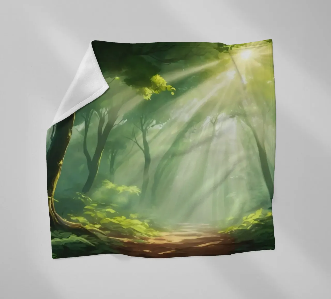 Sunlight filters through a lush forest creating a serene fleece blanket by DesignDoodle