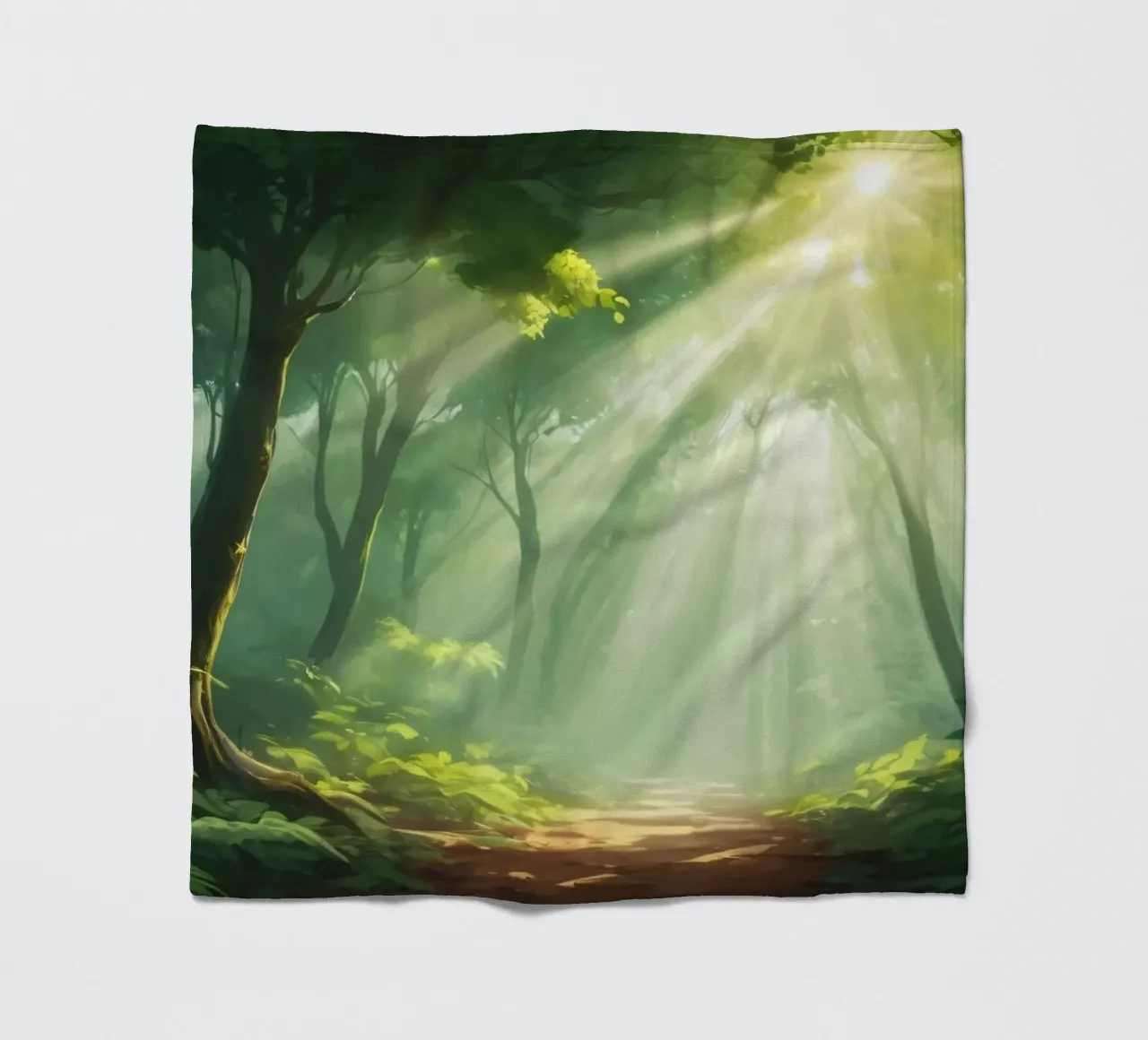 Sunlight filters through a lush forest creating a serene fleece blanket by DesignDoodle