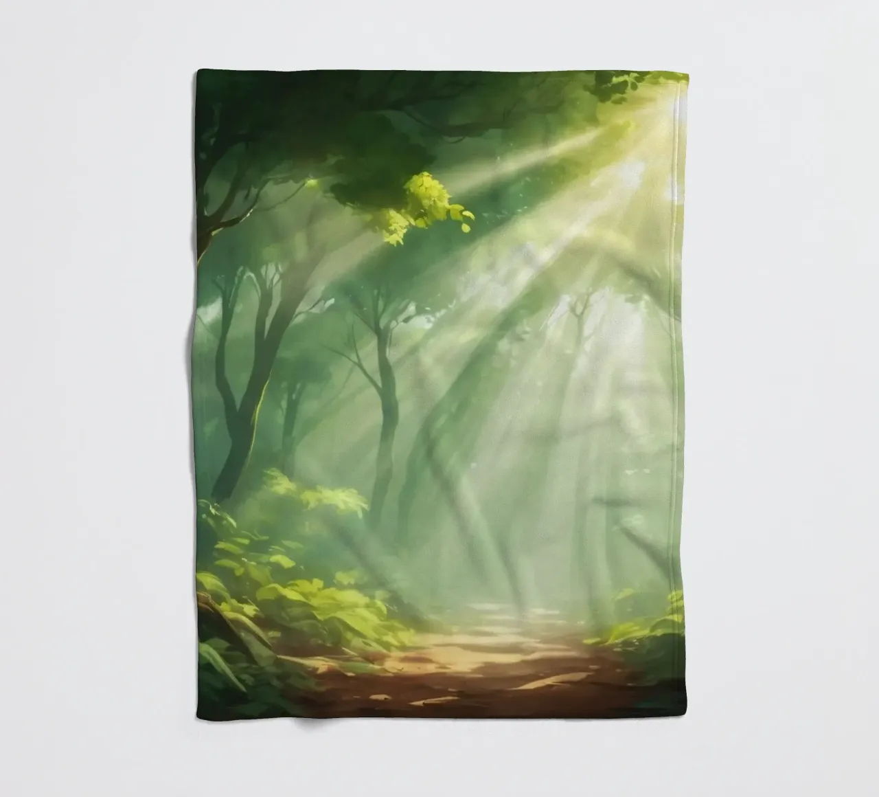 Sunlight filters through a lush forest creating a serene fleece blanket by DesignDoodle