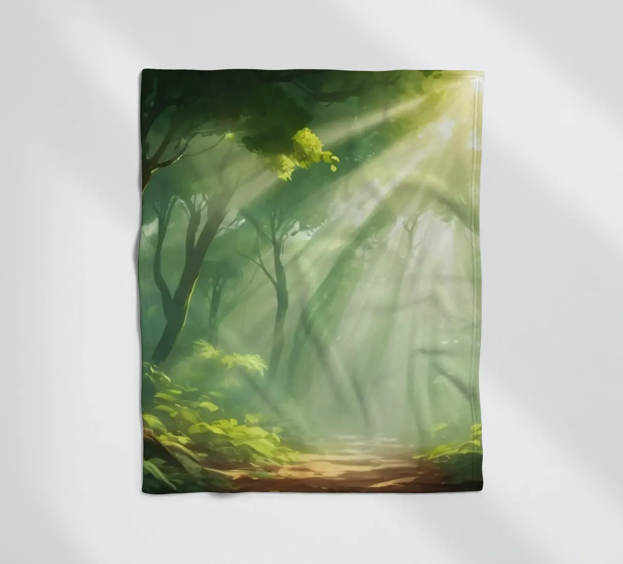 Sunlight filters through a lush forest creating a serene fleece blanket by DesignDoodle