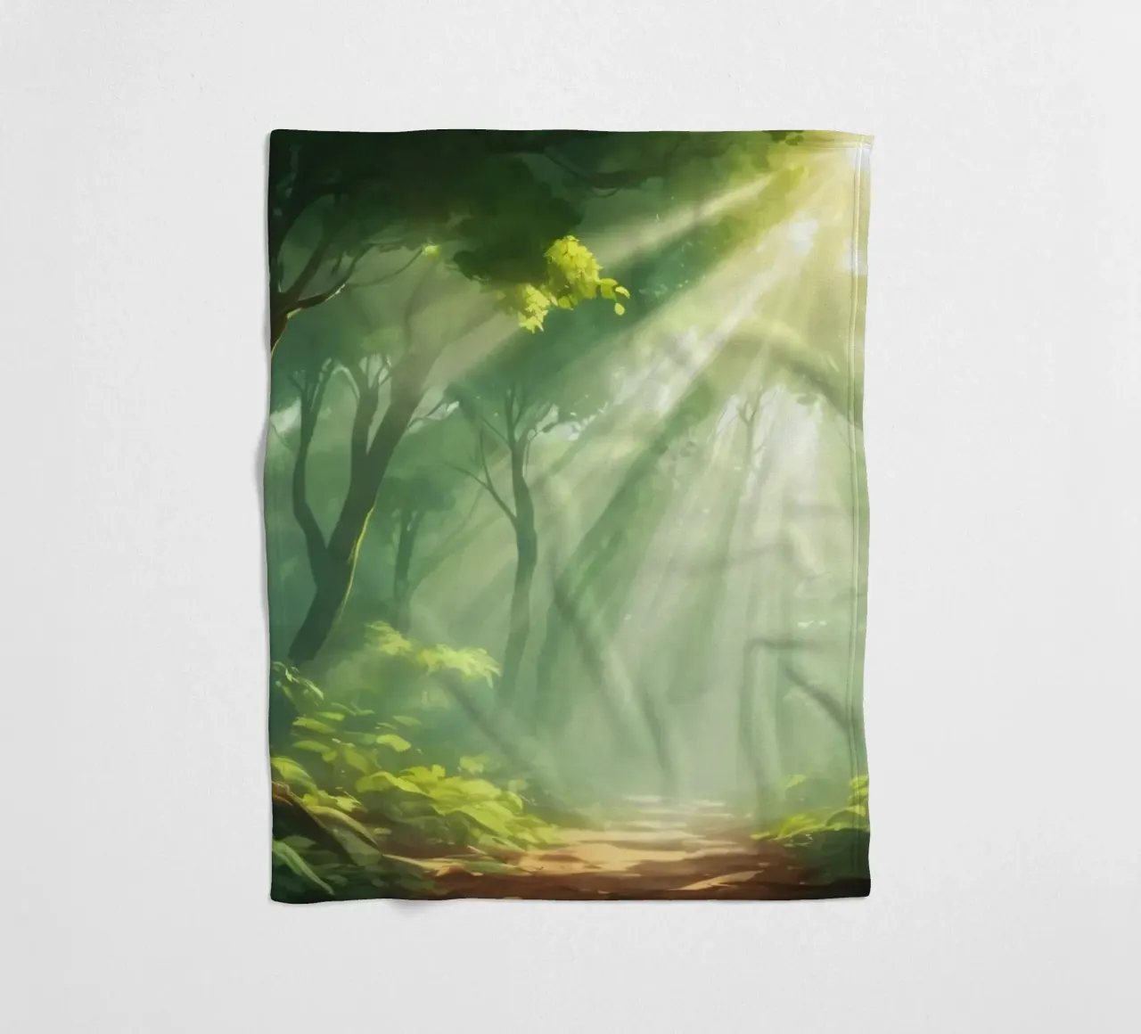 Sunlight filters through a lush forest creating a serene fleece blanket by DesignDoodle