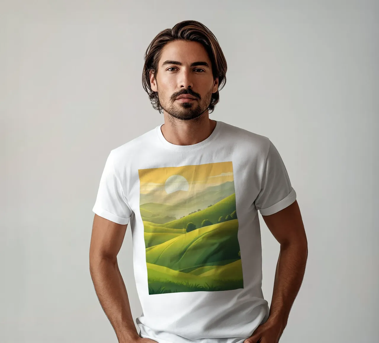 Il paesaggio sereno è caratterizzato da colline verdeggianti e da un caldo tramonto t-shirt da DesignDoodle