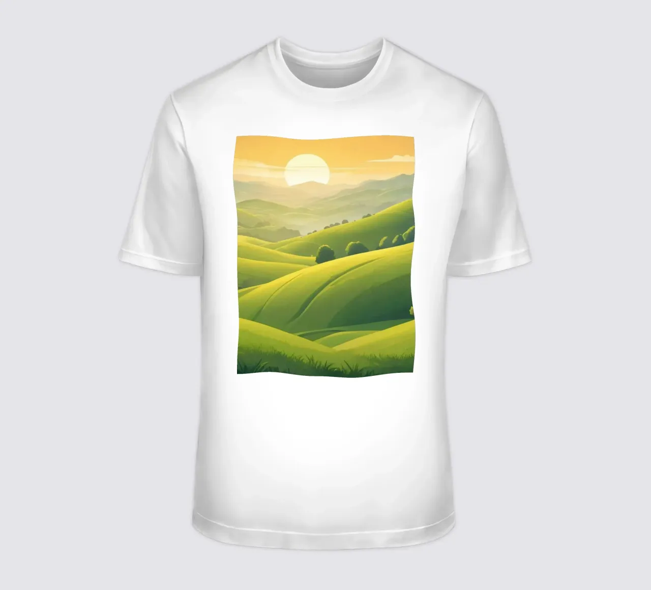 Il paesaggio sereno è caratterizzato da colline verdeggianti e da un caldo tramonto t-shirt da DesignDoodle