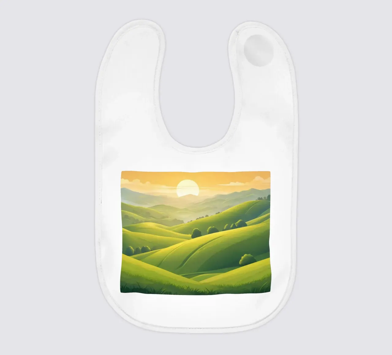 Il paesaggio sereno è caratterizzato da colline verdeggianti e da un caldo tramonto bavaglino da DesignDoodle