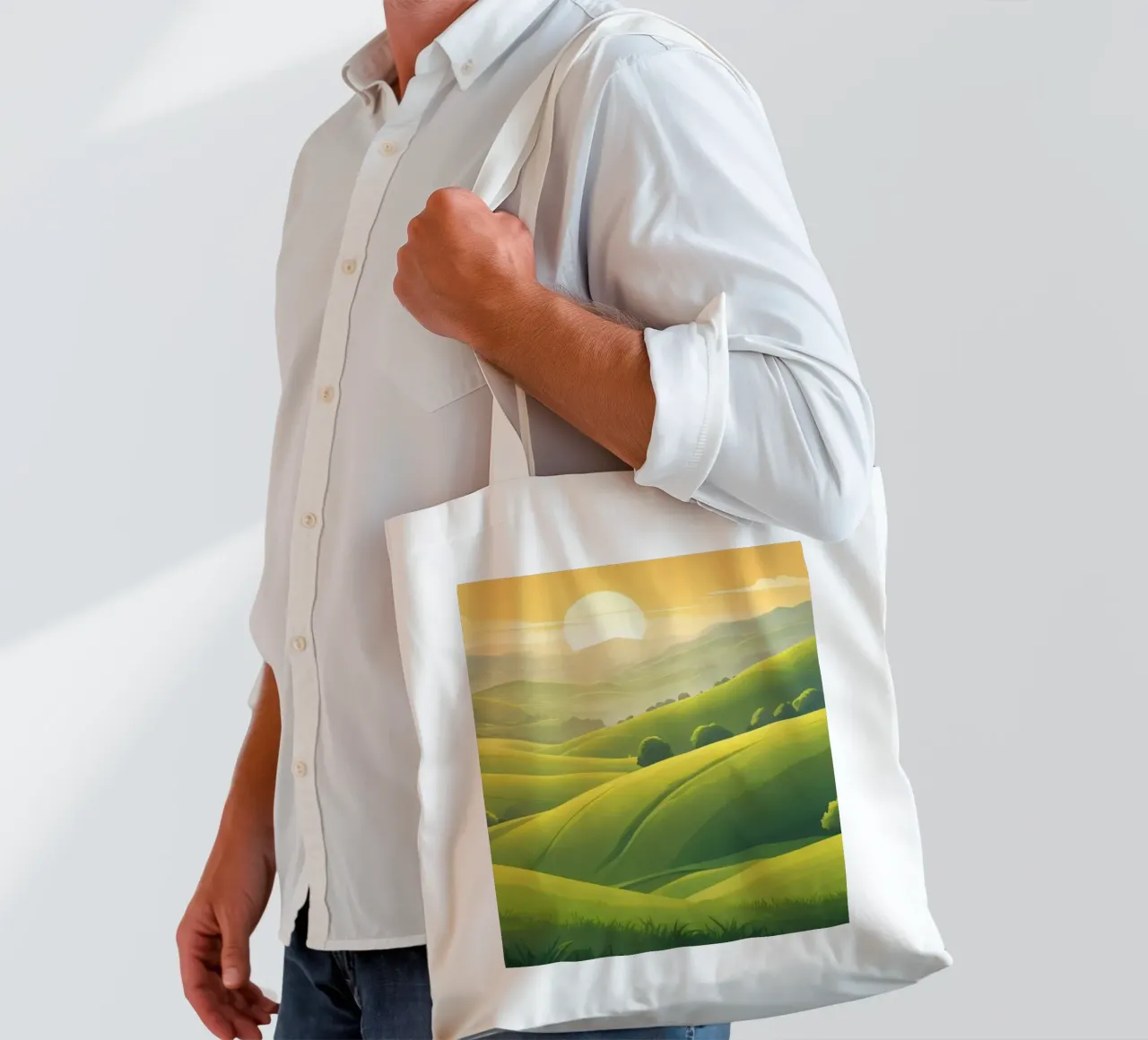 Il paesaggio sereno è caratterizzato da colline verdeggianti e da un caldo tramonto borsa in juta da DesignDoodle