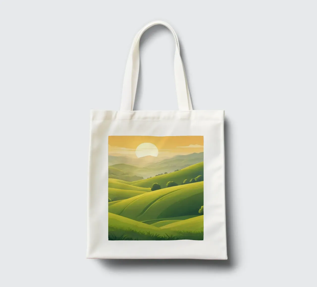 Il paesaggio sereno è caratterizzato da colline verdeggianti e da un caldo tramonto borsa in juta da DesignDoodle