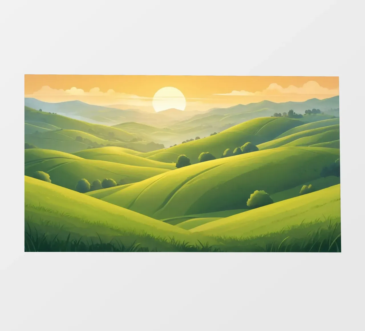 Il paesaggio sereno è caratterizzato da colline verdeggianti e da un caldo tramonto telo in pvc da DesignDoodle