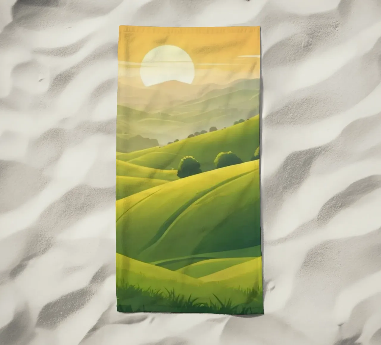 Il paesaggio sereno è caratterizzato da colline verdeggianti e da un caldo tramonto telo mare da DesignDoodle