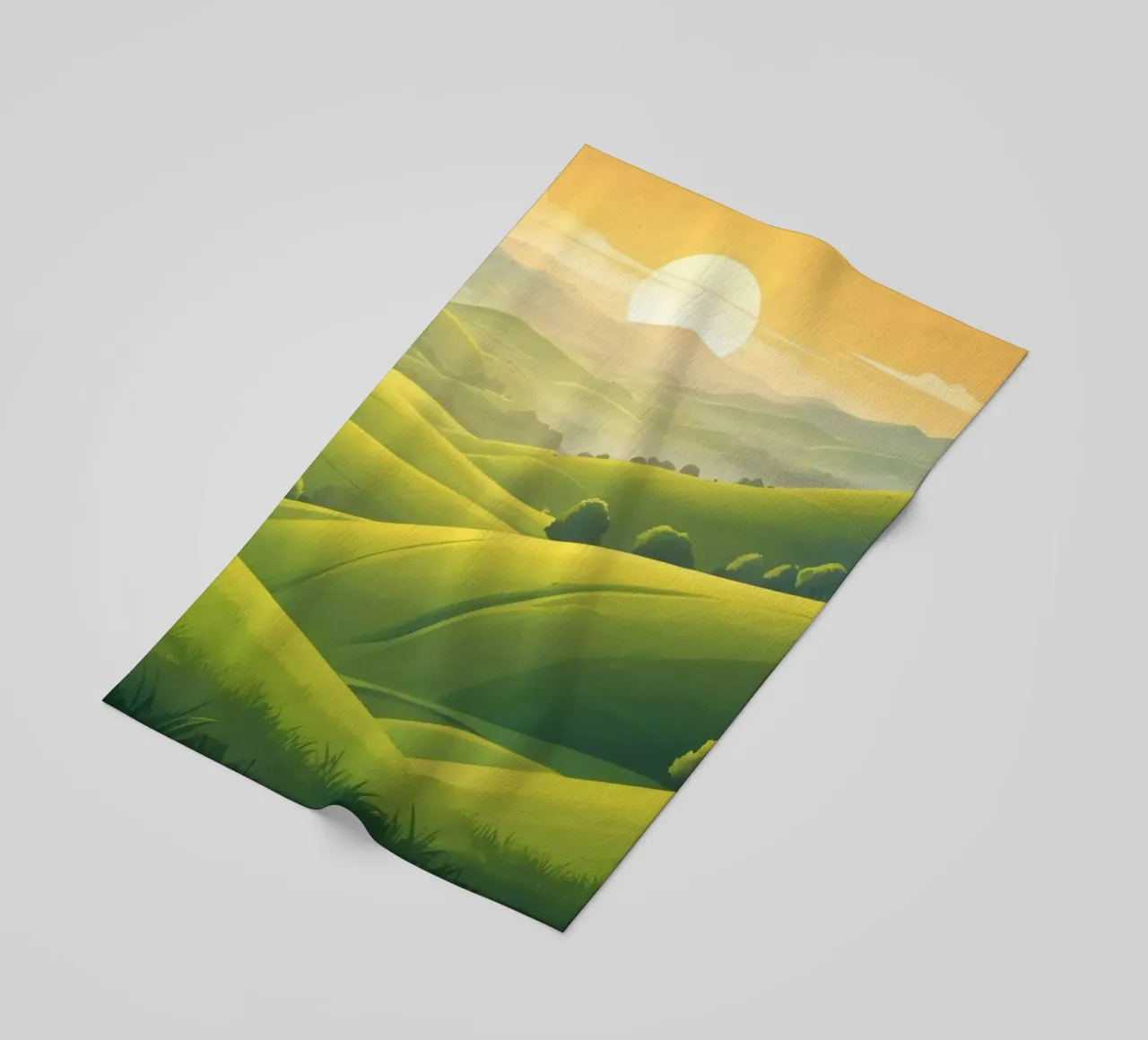 Il paesaggio sereno è caratterizzato da colline verdeggianti e da un caldo tramonto telo mare da DesignDoodle