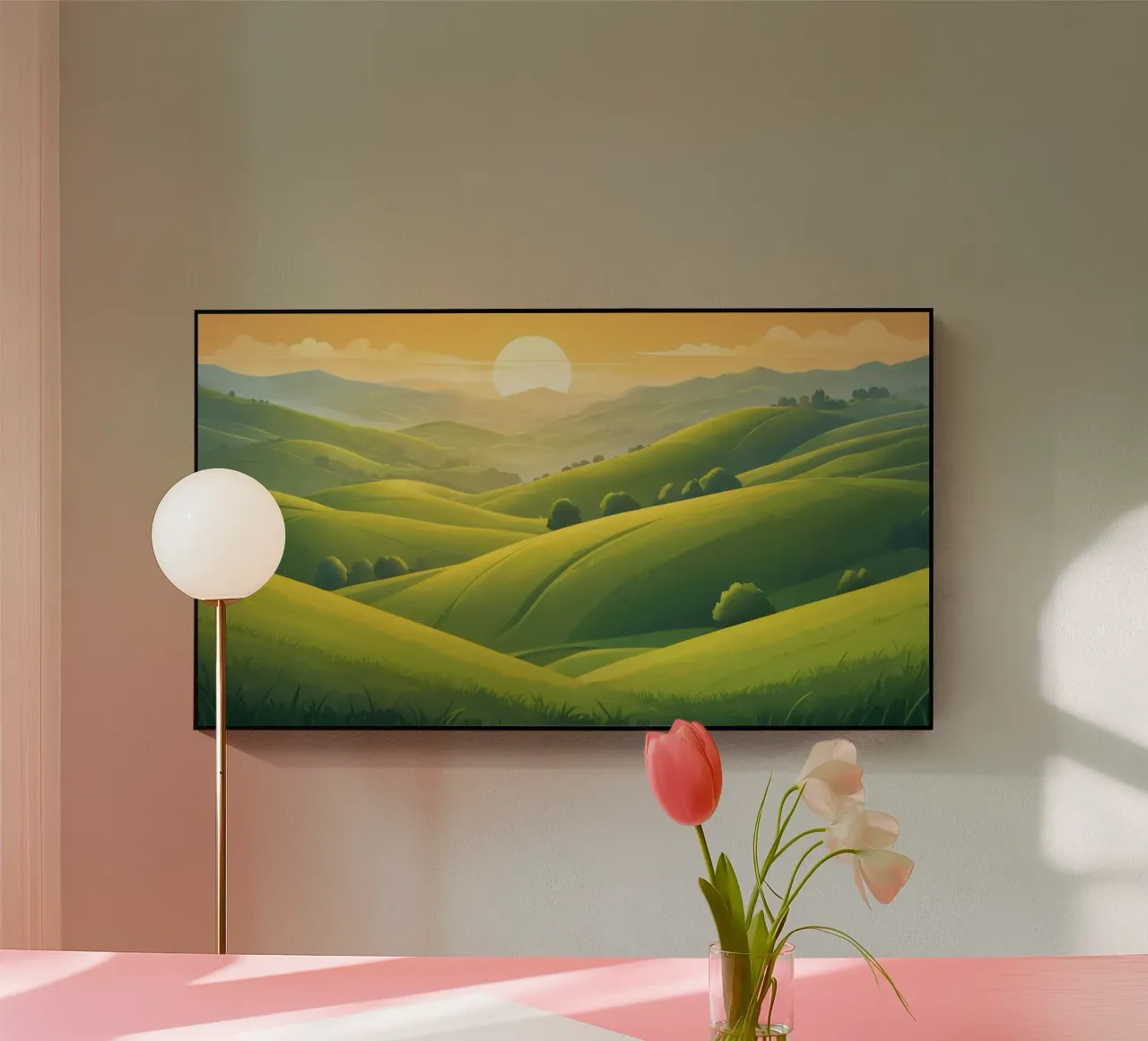 Un paisaje sereno con exuberantes colinas verdes y una cálida puesta de sol metacrilato de DesignDoodle