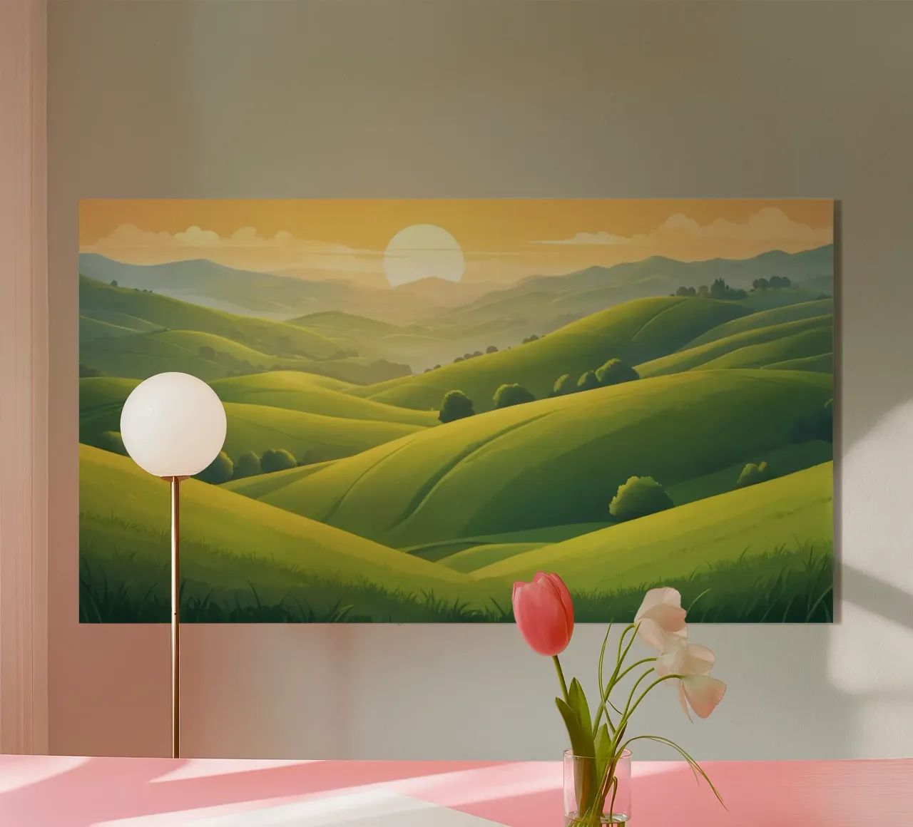Un paisaje sereno con exuberantes colinas verdes y una cálida puesta de sol metacrilato de DesignDoodle