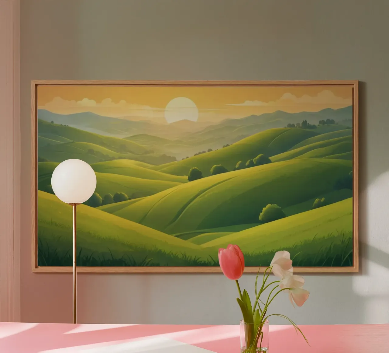 Il paesaggio sereno è caratterizzato da colline verdeggianti e da un caldo tramonto alluminio dibond da DesignDoodle