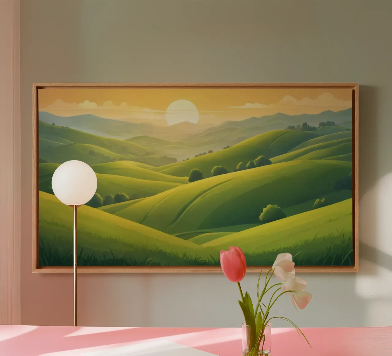 Sereen landschap met weelderige groene heuvels en een warme zonsondergang canvas met Baklijst van DesignDoodle