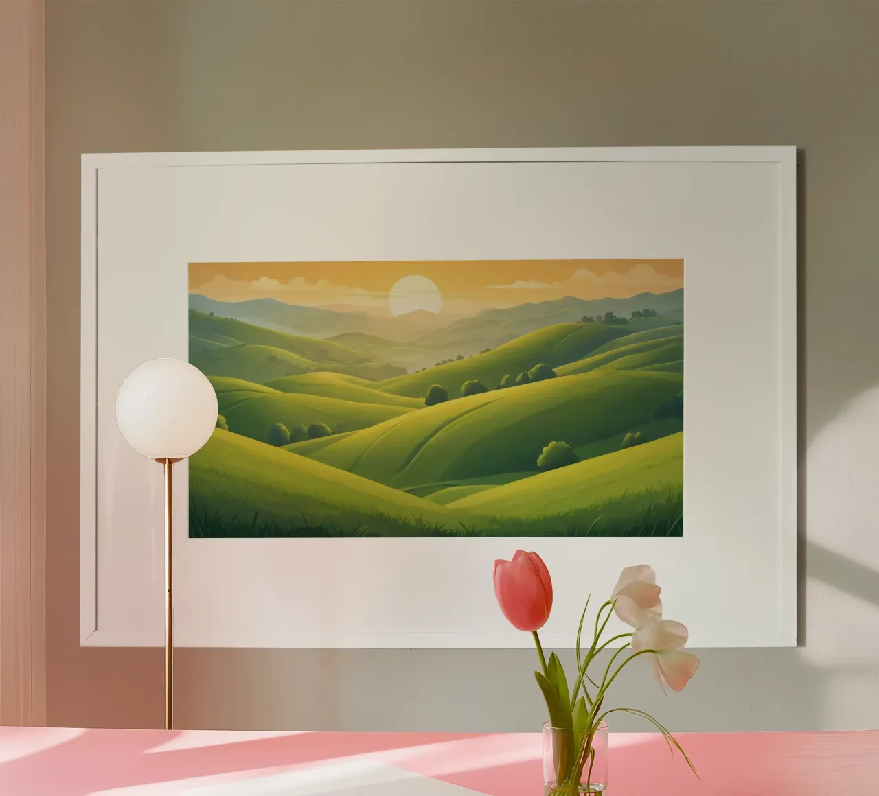 Il paesaggio sereno è caratterizzato da colline verdeggianti e da un caldo tramonto poster da DesignDoodle