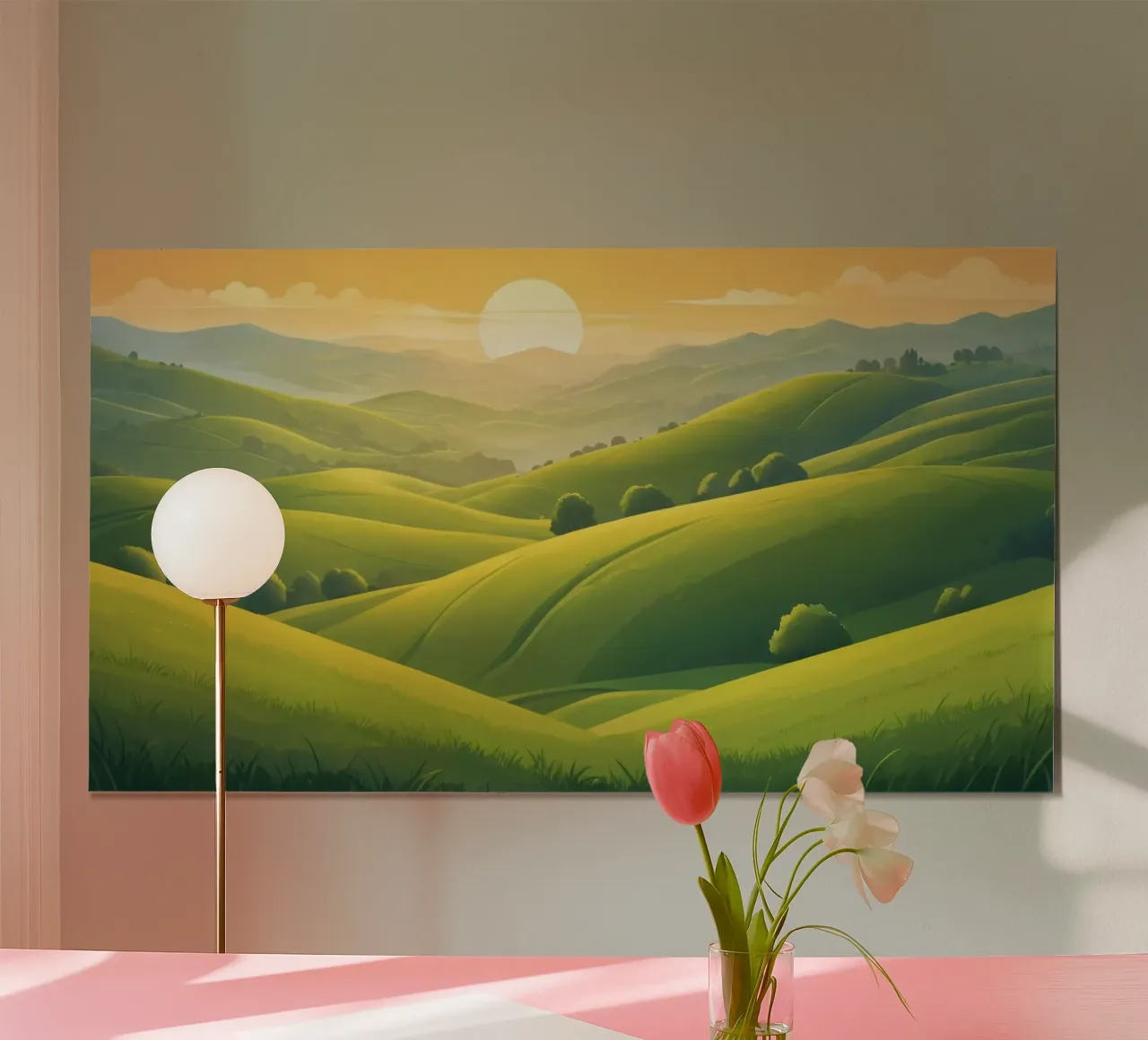 Il paesaggio sereno è caratterizzato da colline verdeggianti e da un caldo tramonto poster da DesignDoodle