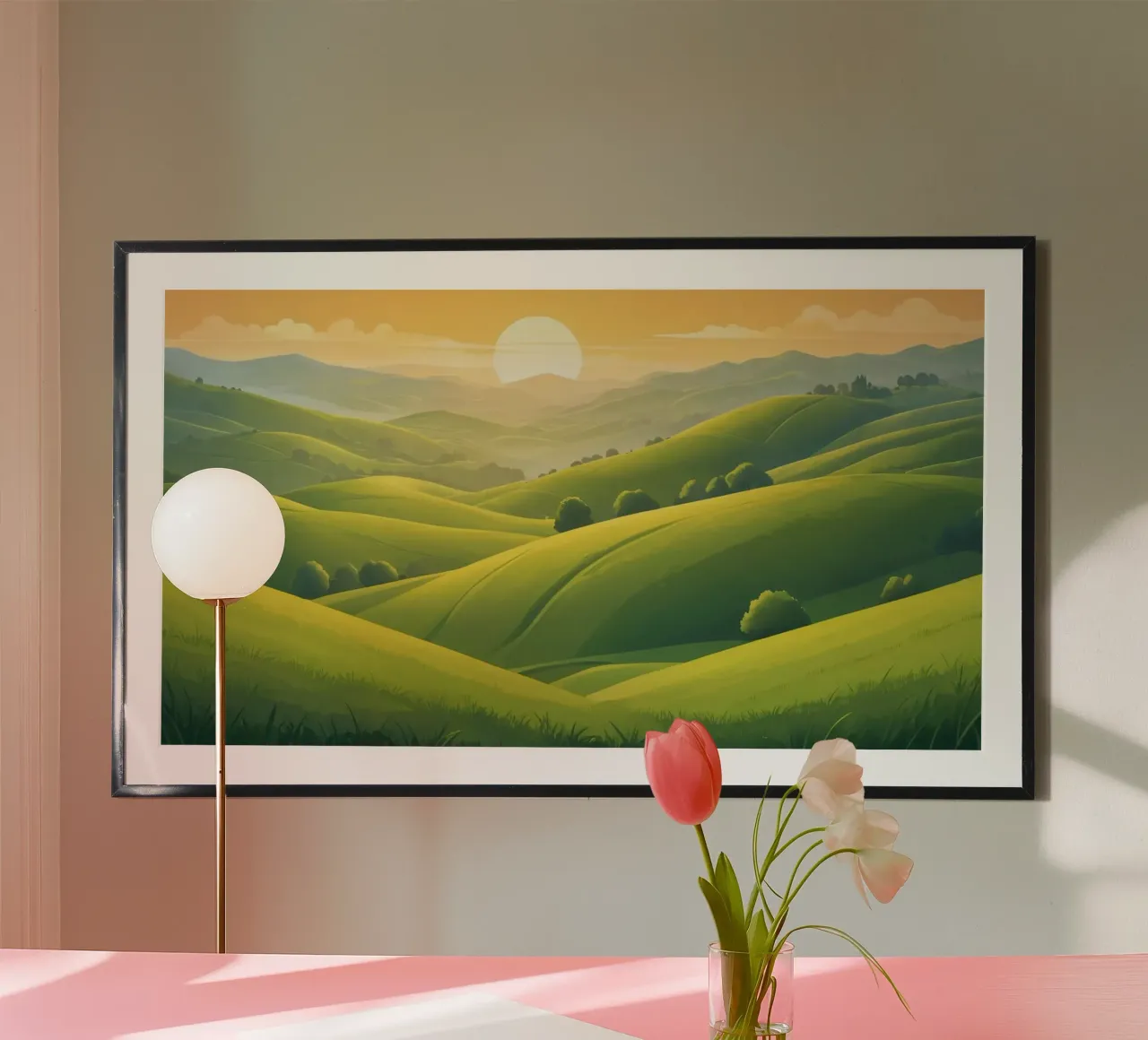 Il paesaggio sereno è caratterizzato da colline verdeggianti e da un caldo tramonto poster da DesignDoodle