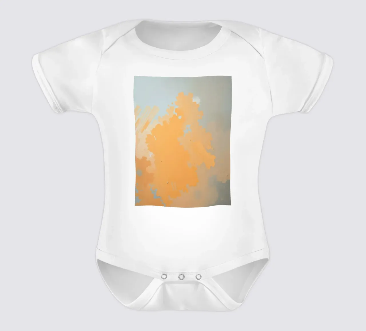 Abstract design featuring soft hues of orange and blue short-sleeve baby romper by DesignDoodle