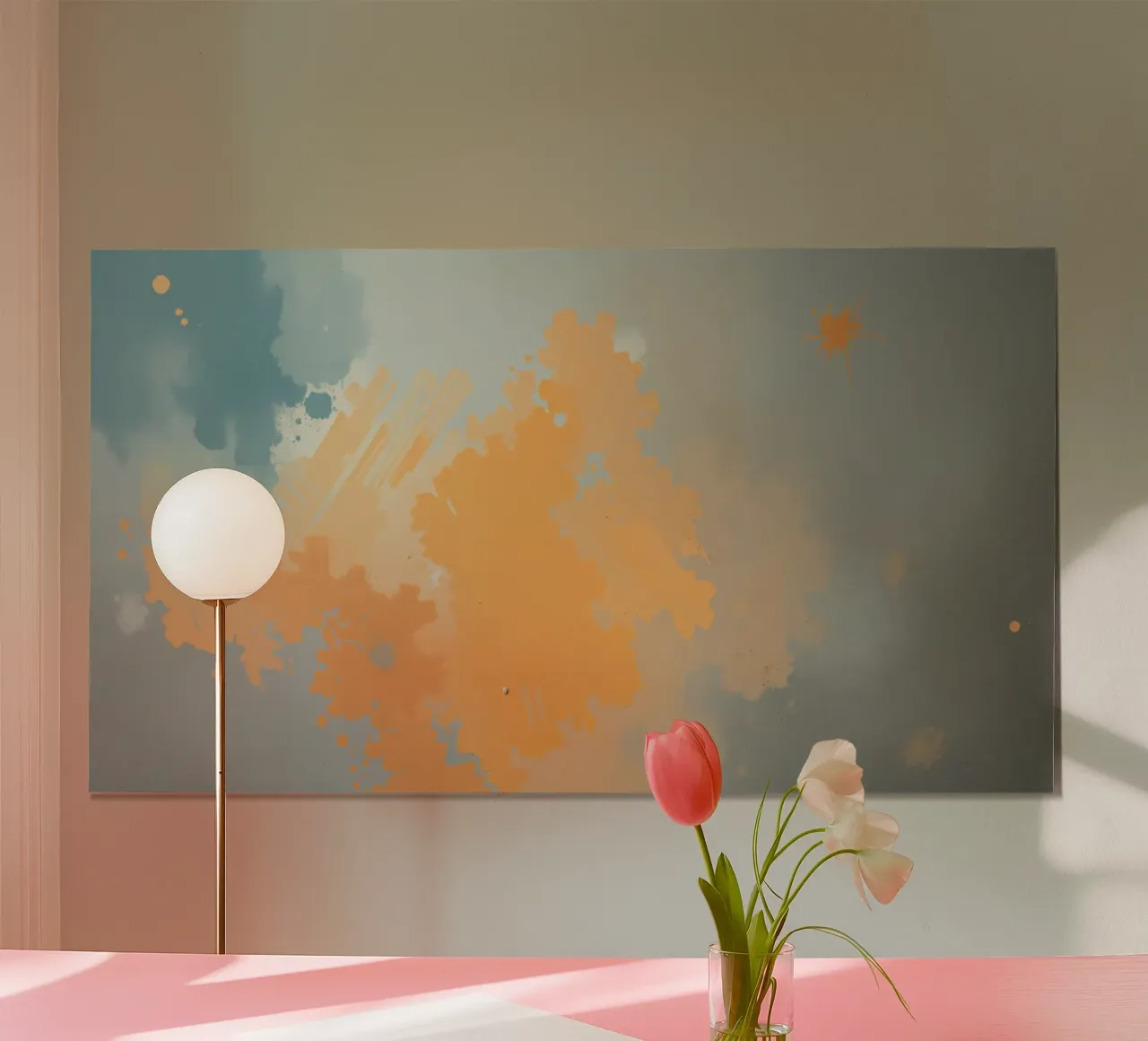Abstract design featuring soft hues of orange and blue hahnemühle by DesignDoodle