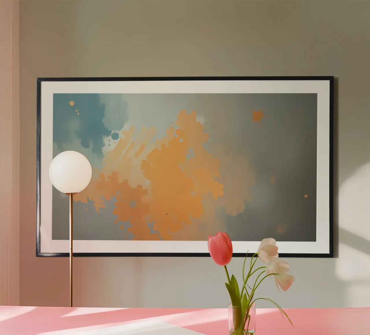 Abstract design featuring soft hues of orange and blue hahnemühle by DesignDoodle